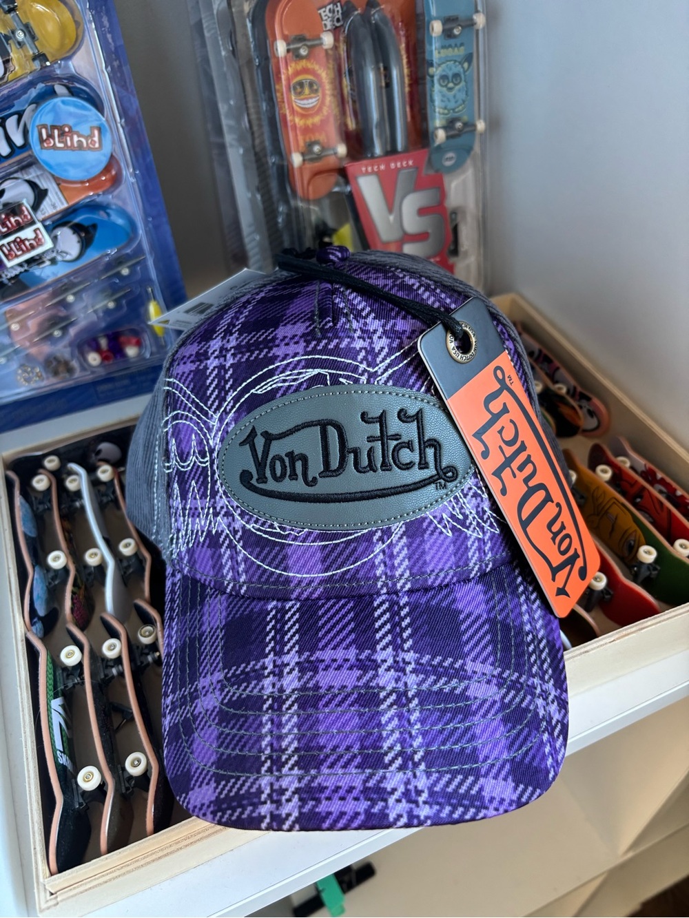 Von Dutch Purple Plaid Logo Cap with Black Patch